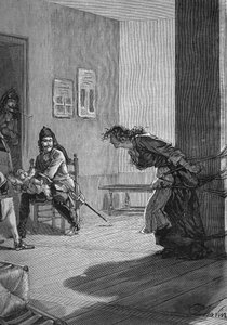 Dragonnades (1685-1686) - marteling van een protestantse familie: soldaten van de koning, draken, houden een baby vast terwijl haar moeder aan een paal is vastgebonden. Gravure uit de 19e eeuw. In 