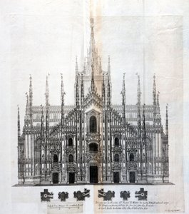 Tekening van de gevel van de Duomo van Milaan die de uniformiteit met het gebouw toont. Veel architecturale projecten werden rond de 17e eeuw ontworpen om de gevel te voltooien die onafgewerkt was gebleven door Unknown artist