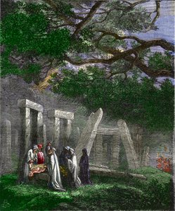 Druïden die een mensenoffer brengen bij Stonehenge gestopt door Romeinse soldaten - Mensenoffer door de druïden bij Stonehenge gestopt door de Romeinse soldaten tijdens het ritueel - Kleurgravure uit de 19e eeuw door Unknown artist