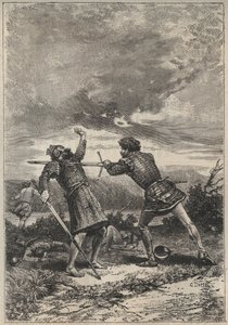 Duel en dood van Oak Torquil - 19e-eeuwse illustratie voor de historische roman 