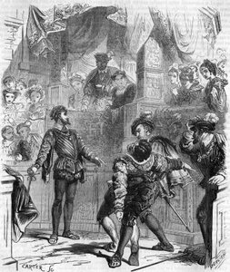 Duel met het zwaard van François de La Chataigneraie tegen Guy de Jarnac; Jarnac verwondde zijn tegenstander dodelijk door zijn scheenbeen te snijden; in 1547, gravure uit de 19e eeuw.