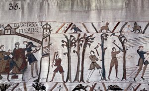 Hertog Willem gaf opdracht tot de bouw van schepen, bomen werden gekapt - Tapijt van Bayeux, bekend als Borduurwerk van Koningin Mathilde door Unknown artist