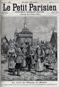 Paasdag in Rusland: de gewoonte van eieren in de regering van Moskou. Omhelzingen van de inwoners die rode eieren aanbieden om de opstanding van Christus te vieren. Gravure in 
