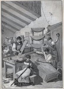 Ebenisterie: stempelverniswerkplaats. Gravure uit 1885 in 