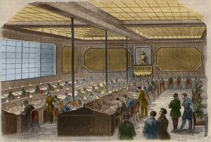 Elektrische telegrafie: uitzicht op het centrale station van telegraaflijnen bij het Franse Ministerie van Binnenlandse Zaken in Parijs. Gravure uit 1856 in 
