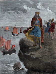 Keizer Karel de Grote (Carlo Magno) kijkt naar de aankomst van Noormannenschepen - Koning Karel de Grote (742/747-814), koning van de Franken, kijkt neer op schepen gevuld met binnenvallende Noormannen door Unknown artist