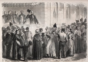 Keizer Napoleon III op het terras van de villa van Strauss in Vichy, begroet door de mensen van het platteland op zondag 7 juli 1861 - Gravure in 