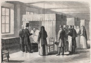 Keizer Napoleon III (1808-1873) bezoekt de kamers van het Hotel Dieu voor cholerapatiënten en praat met hen - Gravure in 