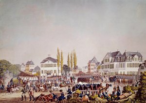 Keizer Napoleon I inspecteert de troepen in Frankfurt. Gravure uit 1813 door Unknown artist