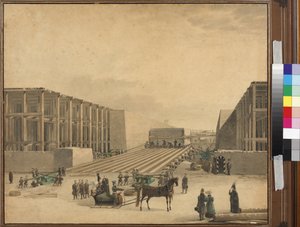 Keizer Nicolaas I bezoekt de bouwplaats van de Alexanderzuil