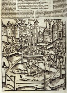 Eneide van Virgil (70 v.Chr.-19 v.Chr.), Boek XII, de Trojaanse held Enee doodt in een Turnus-gevecht onder de ogen van de Latijnen en Rutules. Houtsnede door Sebastian Brant (1458-1521). Straatsburg door Unknown artist