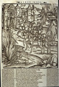Eneide van Virgil (70 v.Chr.-19 v.Chr.), boek XIII (supplementum), de Trojaanse held Enee ontvangt de Latijnen, offers worden gebracht ter ere van de oorlogsslachtoffers. Houtsnede door Sebastian Brant (1458-1521). Straatsburg