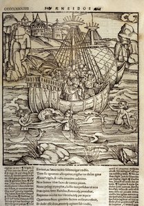 Eneide van Virgil (70 v.Chr.-19 v.Chr.), de Trojaanse held Enee en zijn metgezellen steken een zee vol sirenen over. Houtsnede door Sebastian Brant (1458-1521). Straatsburg door Unknown artist