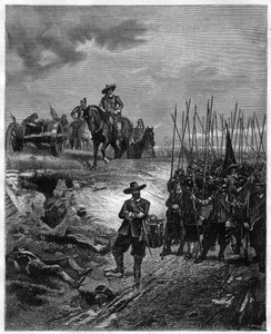 Engelse Burgeroorlogen: Oliver Cromwell (1599-1658) bij de Slag bij Marston Moor, 2 juli 1644 - Parlementariërs verslaan royalisten onder prins Rupert. Gravure 19e eeuw door Unknown artist