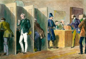 Engelse democratie: Binnen een stembureau tijdens verkiezingen in Engeland met weergave van de stemhokjes. Gravure uit de 19e eeuw. Coll. Out. door Unknown artist