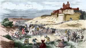 Gravure: Kruistocht tegen Katharen - Albigenzen - Inname van Beziers 21 juli 1209 door Simon de Montfort (Simon IV, Graaf van Montfort) de 7000 inwoners worden vermoord en de stad geplunderd en verbrand - Gravure in "Histoire De France En Cent Peintures" d door Unknown artist