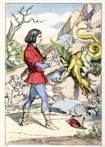 Gravure die een herder met een mes toont, klaar om een draak te confronteren. Het beest verstijfde zodra de herder zijn mes opende. Verhaal door Charles Perrault: 