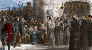 Enguerrand de Marigny (1260-1315) kamerheer en minister van koning Filips IV de Schone op weg naar marteling in 1315. Gravure in 