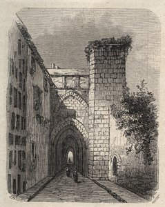 Ingang van de Arabische Medrese (Hogere School) in Jeruzalem waar de Mesha-stele van de tempel was begraven - gravure in 