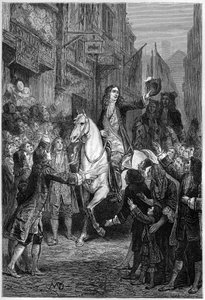 Intocht van Willem III van Engeland in Londen na zijn nederlaag tegen Franse troepen - Triomfantelijke intocht van Willem III van Oranje-Nassau in Londen in 1692 - gravure in 