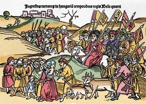 De intocht van de Tartaren in Hongarije onder het bewind van Bela IV van Hongarije. Gravure uit 