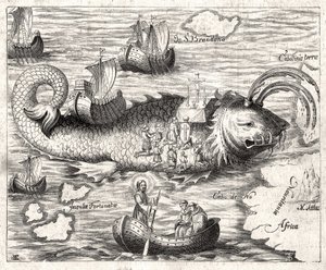 Episode van de Legende van Sint Brandan: een fantastische reis van de Ierse abt uit de 6e eeuw op zoek naar het aardse paradijs. Prent uit 1621. door Unknown artist