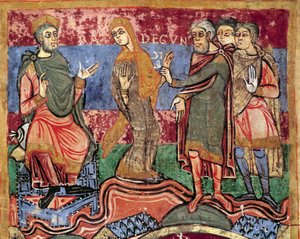 Episode uit het leven van Sint Radegonde van Poitiers, vrouw van Clotaire I, koning der Franken: Radegonde wordt geleid door koning Clotaire I (miniatuur uit een 11e-eeuws manuscript) door Unknown artist