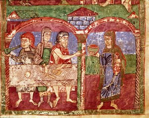 Episode uit het leven van Sint Radegonde van Poitiers, vrouw van Clotaire I, koning der Franken: Radegonde tijdens haar liefdadigheidswerken (miniatuur uit een 11e-eeuws manuscript)