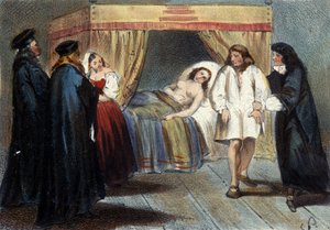 Episode van de mannelijkheidstest van Vincent I Gonzague, hertog van Mantua, voor zijn huwelijk met Eléonore, dochter van François de Medici, in 1584. Lithografie uit de 19e eeuw