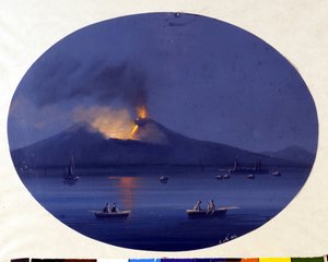 Nachtelijke uitbarsting van de Etna gezien vanaf zee voor de kust van Catania. Anonieme schilderij uit de 19e eeuw. door Unknown artist