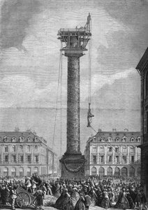 Plaatsing van het nieuwe standbeeld (voorstellende Napoleon I) boven de zuil van Place Vendôme in het 1e arrondissement van Parijs op 4 november door Unknown artist