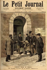 Eugene Turpin (1848-1927), chemicus, uitvinder in 1884 van meliniet (een explosief), ten onrechte beschuldigd van het verkopen van zijn uitvinding aan de vijand, werd onschuldig bevonden en vrijgelaten uit de gevangenis van Etampes. Gravure in 