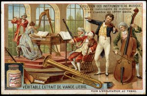 Evolutie van muziekinstrumenten: kamermuziekinstrumenten in de 18e eeuw - chromo Liébig.