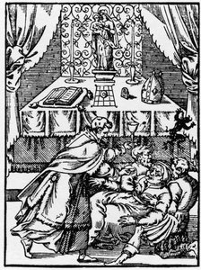 Exorcisme: een demon verlaat het lichaam van een bezeten heks terwijl een priester hem de Communie aanbiedt - Gravure uit 