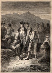 Expeditie Rond de Wereld (1785-1788) door Jean Francois Galaup de La Perouse (1741-1788): de zeelieden landen op het eiland Saghalian (Sakhaline) en ontmoeten een oude man die hen een kaart van Tartaria tekende - illustratie uit 