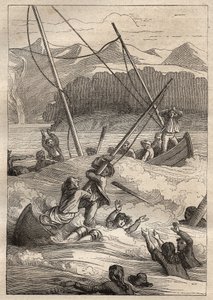 Expeditie rond de wereld (1785-1788) door Jean Francois Galaup de La Perouse (1741-1788): schipbreuk van de boten in de haven van de Fransen (Alaska) - illustratie uit De Grote Zeevaarders van de 18e eeuw door Unknown artist