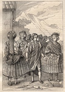 Expeditie rond de wereld (1785-1788) door Jean Francois Galaup de La Perouse (1741-1788): kostuums van de inwoners van Concepcion (Chili) - illustratie uit 