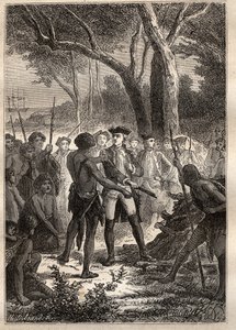 Expeditie door Nicolas Thomas Marion-Dufresne (1729-1772): Marion landde in Frederick Henry Bay (Tasmanië) en kreeg een brandende fakkel aangeboden door de inheemse bevolking - illustratie uit 