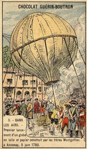 Ervaring van 5 juni 1783 door de gebroeders Montgolfier in Annonay. Chromo uit het einde van de 19e eeuw. door Unknown artist