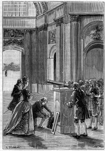 Ervaring van Pierre Bouguer (1698-1758) in de Dome des Invalides (Parijs) om de uitzetting van lichamen door warmte aan te tonen (1745). Gravure in 