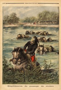 Ervaring van rivieroversteek door het 7e regiment draken in Fontainebleau. Gravure in Le petit journal 6/09/1896. Selva