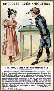 Ervaring van twee kinderen met lucifers en een mes. Chromolithografie van chocoladeverpakking Guérin Boutron.