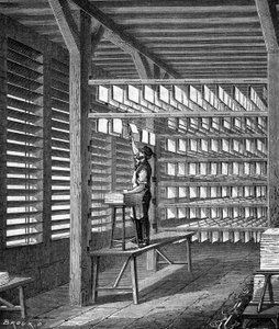 Uitvouwen van vellen papier gemaakt om te vormen in "De wonderen van de industrie" door Louis Figuier, Parijs door Unknown artist