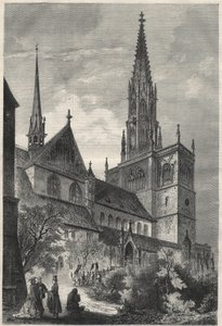 Buitenaanzicht van de Notre Dame Kathedraal in Konstanz, Duitsland. Gravure in 