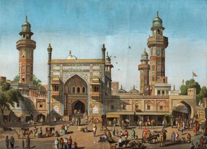 Buitenaanzicht van de Wazir Khan-moskee in Lahore, Pakistan. Gravure in 