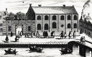 Buitenaanzicht van het gebouw van de Universiteit van Leiden opgericht in 1575 door Willem van Nassau. Gravure na 