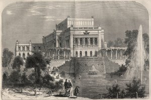 Buitenzicht van het nieuwe theater in Leipzig, Duitsland. Gravure in 