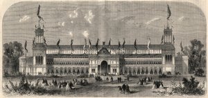 Buitenaanzicht van het paleis van de derde Duitse nationale schot in Wenen, Oostenrijk. Gravure in 