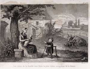 Familiezorg zal de duurste bezigheid van de vrouw maken Moeder van Familie op het platteland - gravure