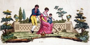 Familie in een park. Vroege 19e-eeuwse gravure.